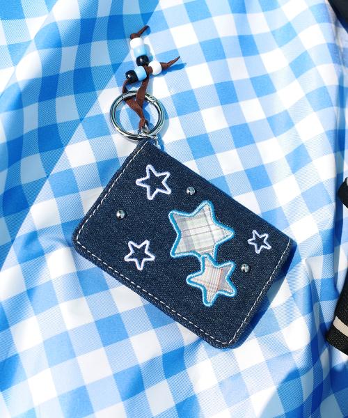 CAVISH X LELBO BROWN CHECK APPLIQUE DENIM WALLET BLUE(CV2FMUAB99C)