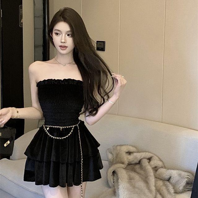 [체인벨트set] 벨로아 벨벳 스모크 밴딩 튜브탑 오프숄더 벨트 캉캉 미니 원피스 파티룩