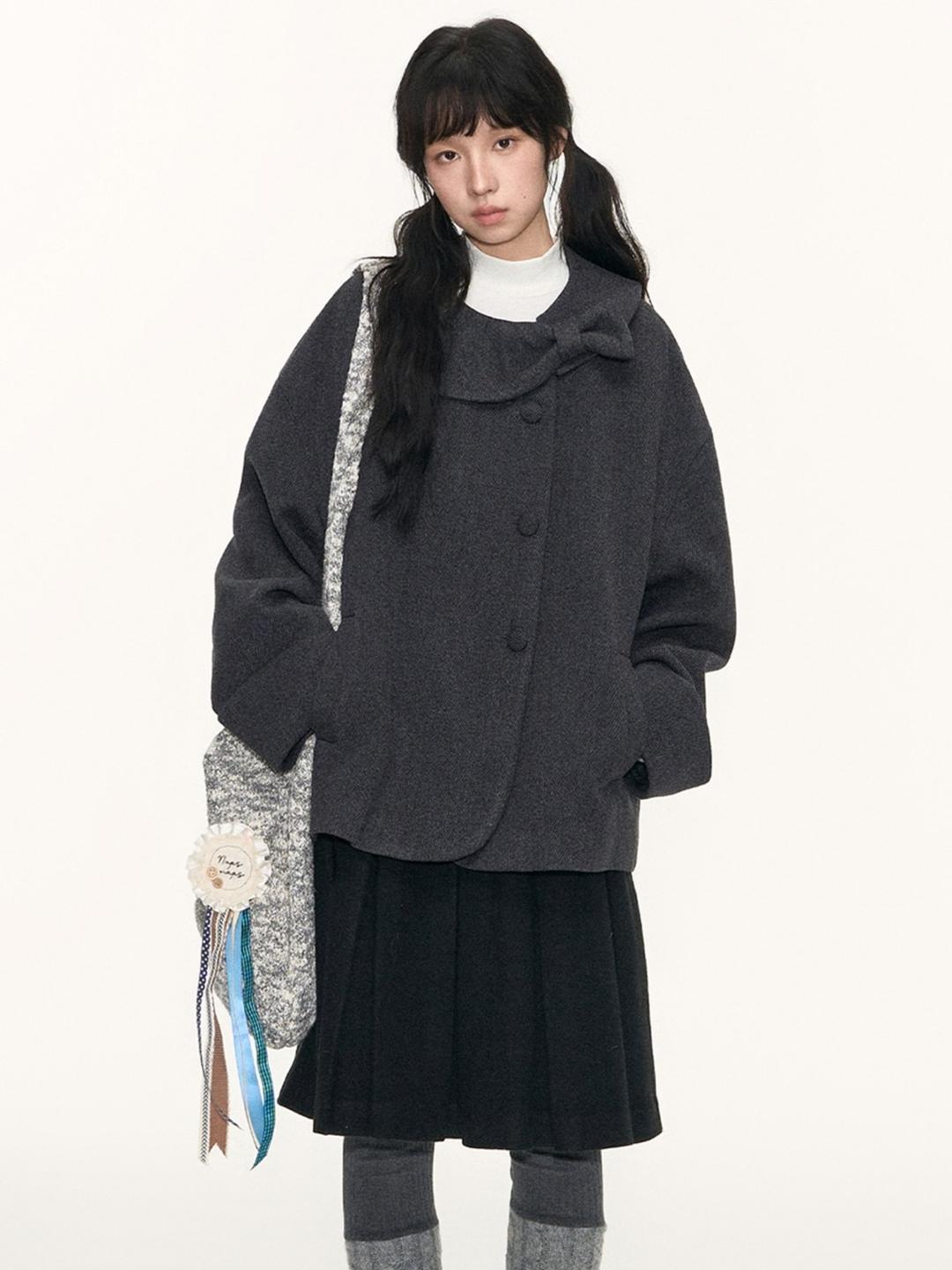 TAKEANAP Ribbon Round Lapel Wool Coat