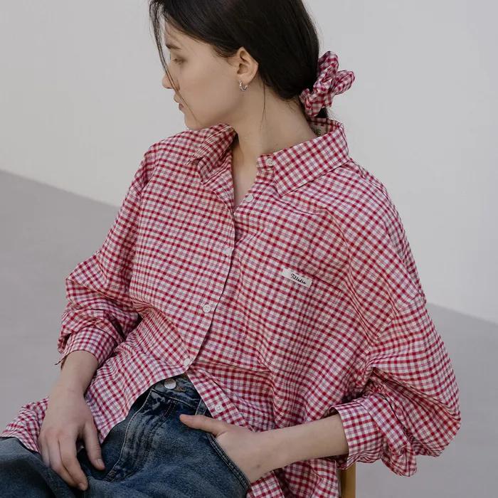 [스크런치 SET] Ray overfit check shirt [TISP05SH01]_Red