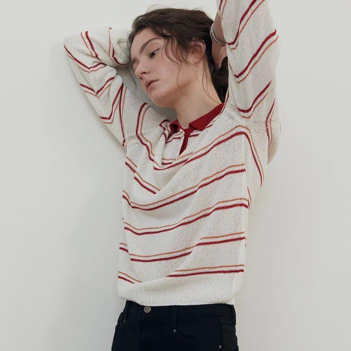 Stripe collar linen knit_RED