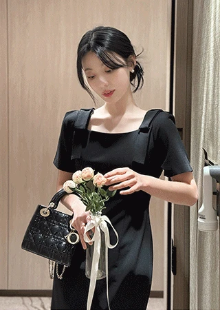 [하객룩/웨딩룩] (반소매) 어깨 리본 라인 롱 원피스