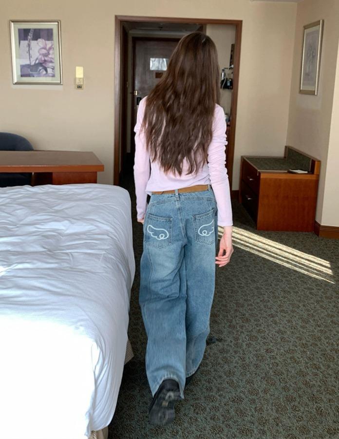 RAINY 윙 프린트 스트레이트 데님 팬츠 (2color)