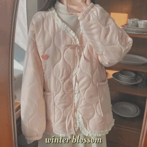 겨울벚꽃 레이스 프릴 리본 패딩