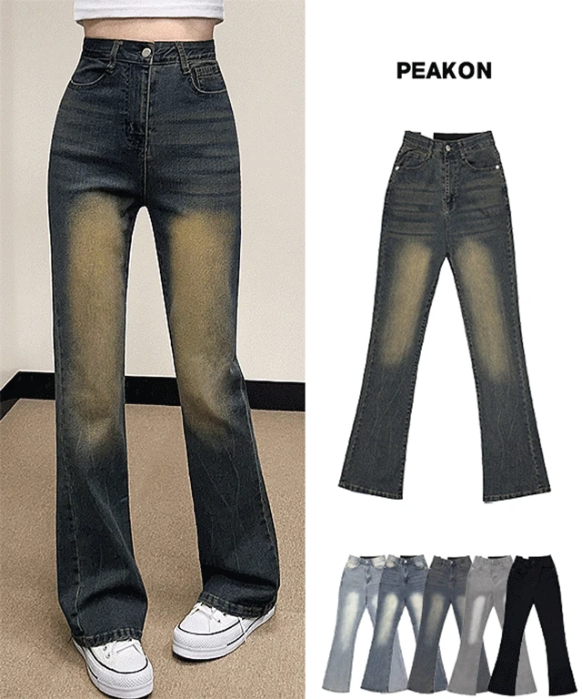 쫀득스판🖤 [기장선택/~XL] 오드 빈티지 워싱 데님 슬림 부츠컷 밴딩 롱 팬츠 하이웨스트/빅사이즈/데님팬츠/청바지/키작녀/키큰녀/빅사이즈