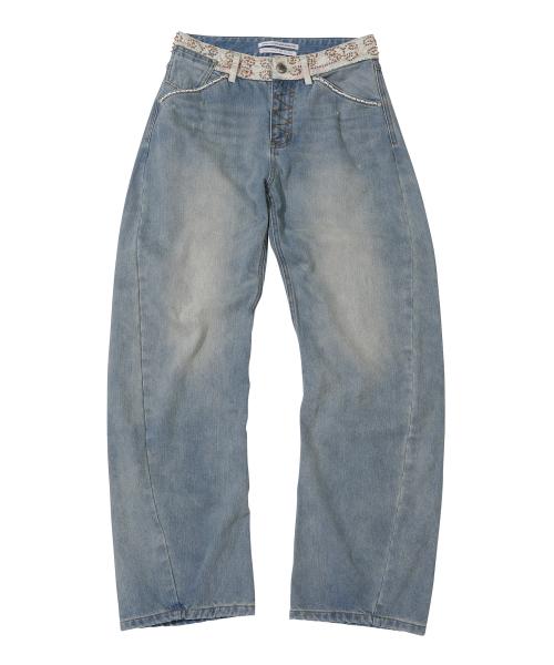 Beaded Waist Denim Pants Mid Blue