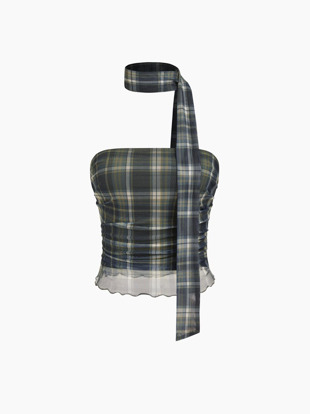 Top Bandeau en Maille avec Bandelette de Laitue et Motif Tartanné, avec Écharpe