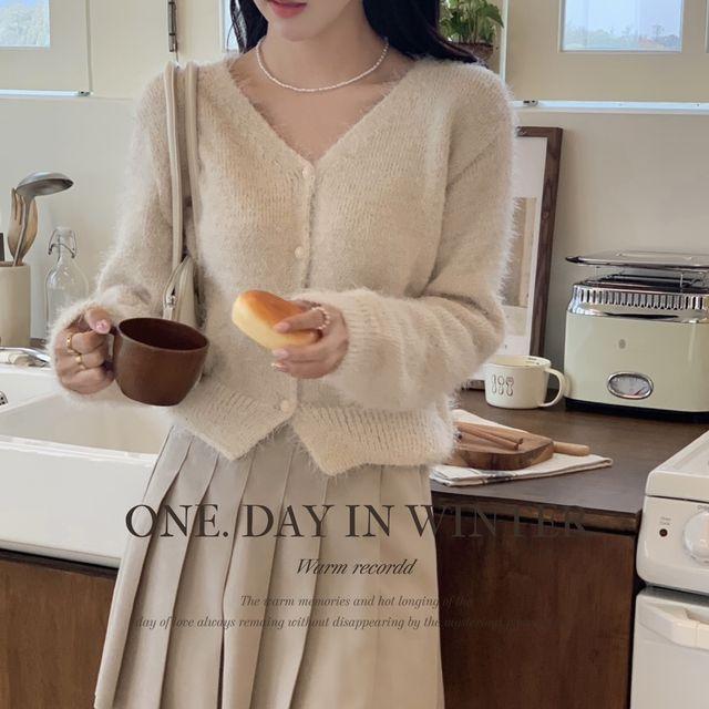 [ 7color/국내고퀄, 여리여리핏] fw 부클 솔잎 브이넥 가디건 뽀글이 니트 벌룬 소매  _데이지멜로우