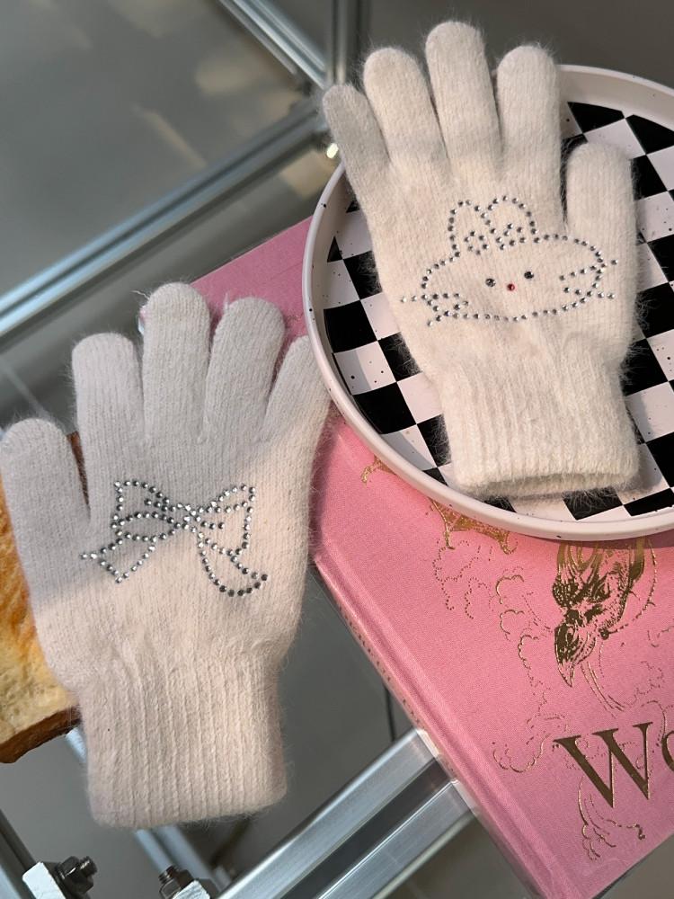 수심 Bunny Ribbon Gloves(2 Type) 토끼 리본 장갑 손가락 겨울 강아지