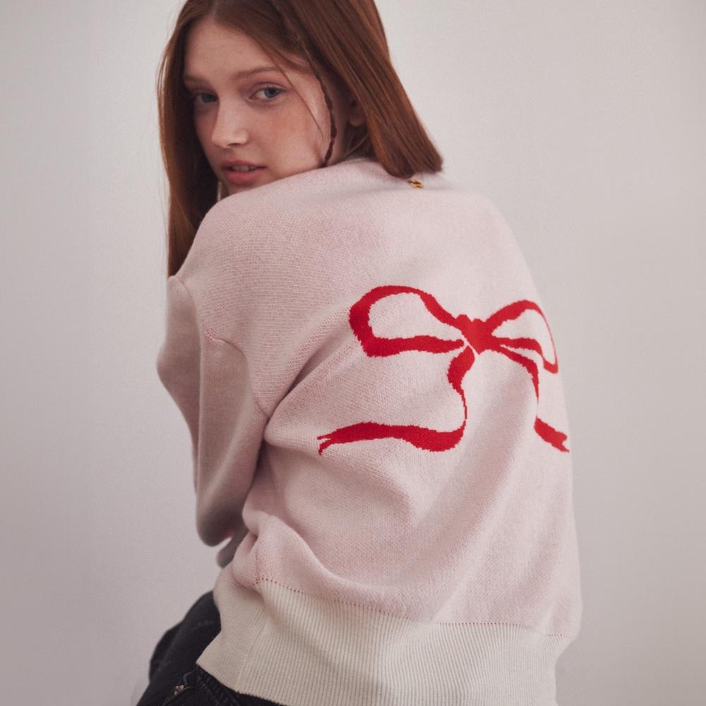 HEART RIBBON JACQUARD KNIT CARDIGAN IVORY RED