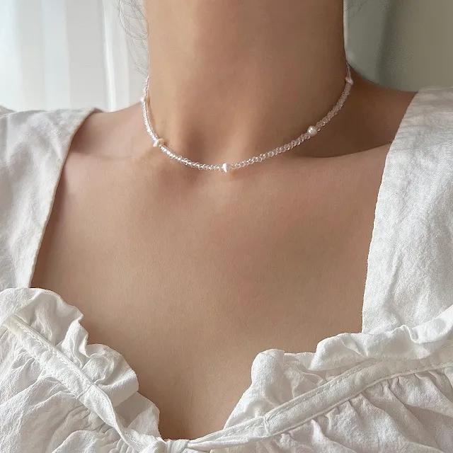 cct 은 925 청순 담수진주 투명크리스탈 숏 실버 목걸이