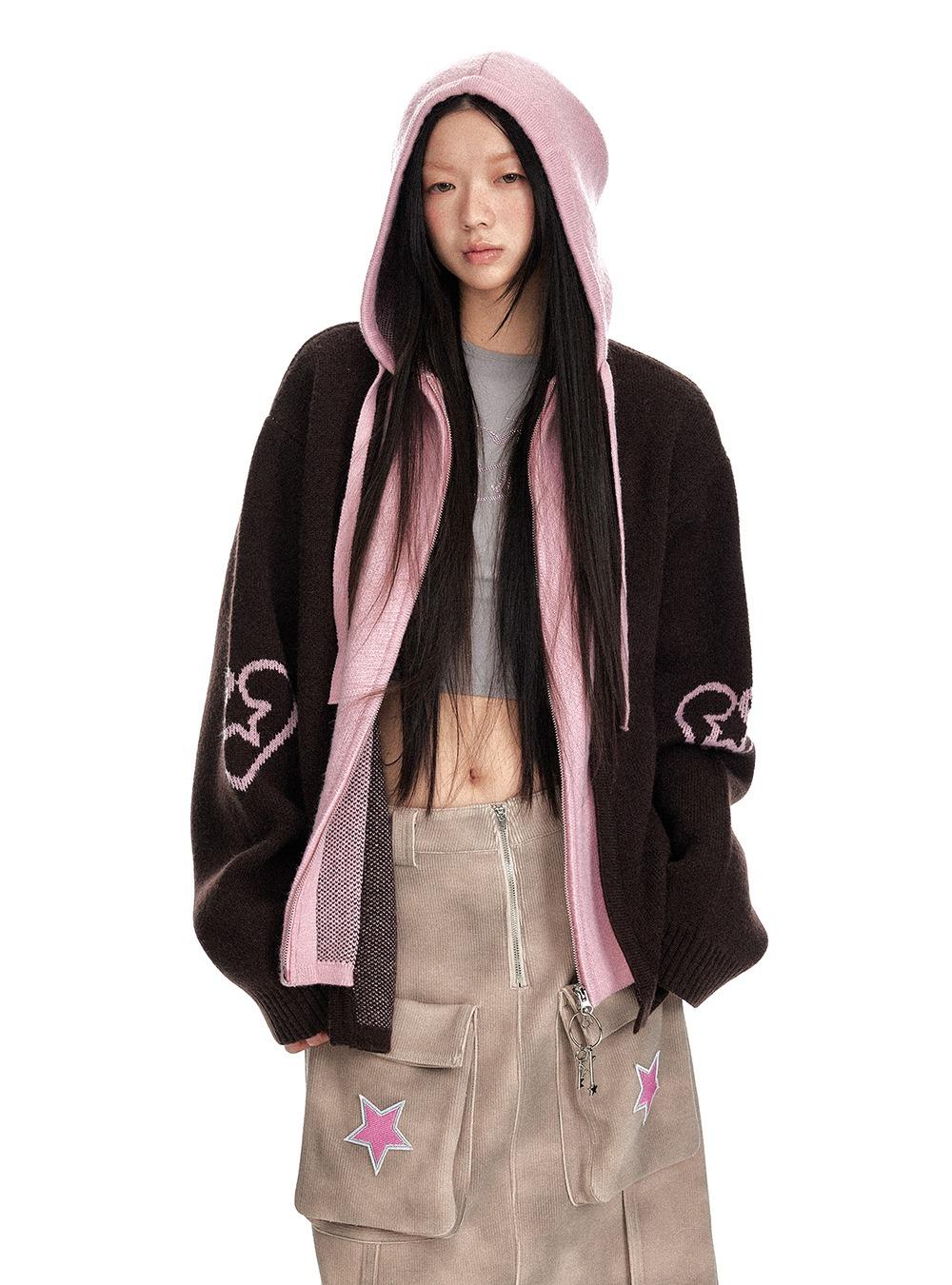 Pinkbrown Love Jacquard Zipper Knit Cardigan