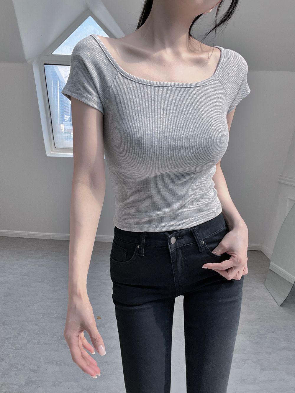 [진짜핏이쁜] 스퀘어넥 세미크롭 골지 캡소매 반팔티 3컬러