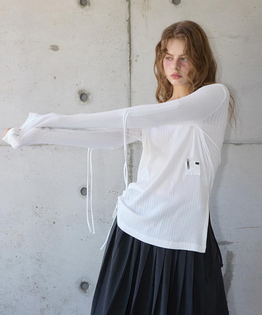 String Mini Pocket Eyelet Long Sleeve Tee White