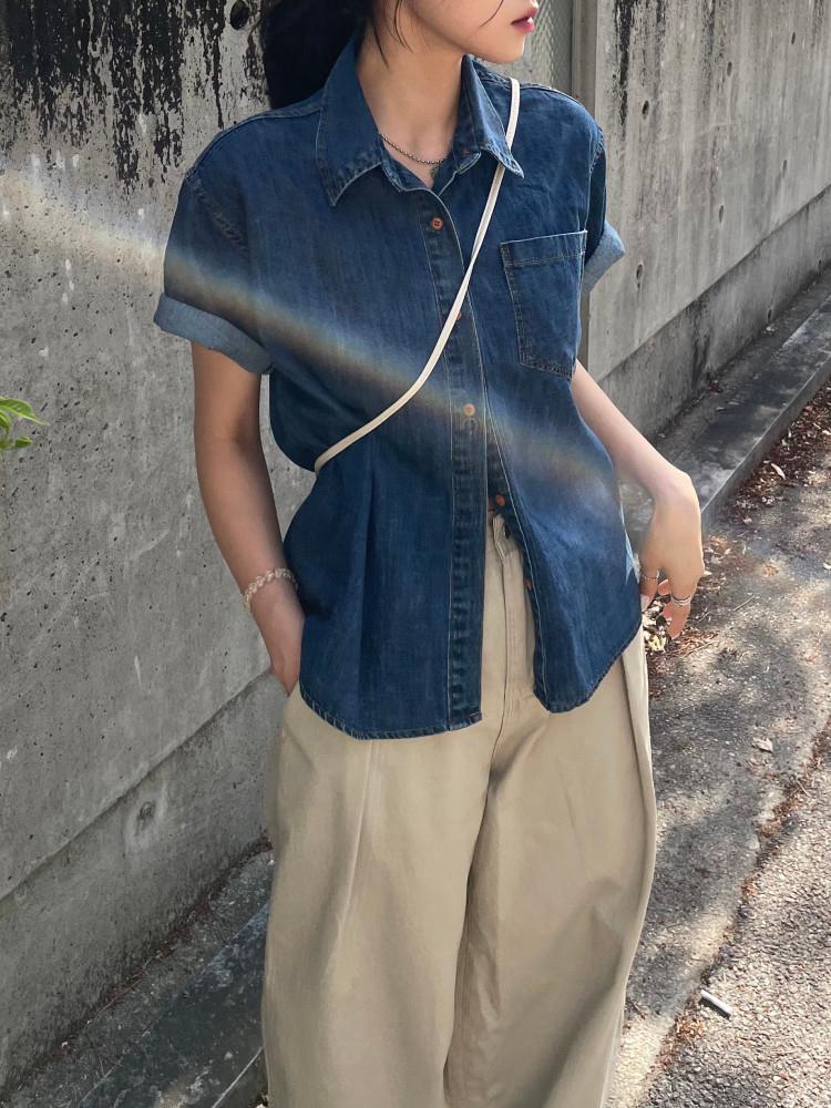 위시 포켓 청남방 반팔 데님 셔츠