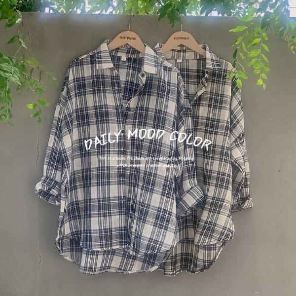[시원한소재/살안타템☀️][MADE] 멜로데이 루즈핏 체크긴팔셔츠(44~99) (신상-빅사이즈셔츠-캐주얼룩-내추럴룩-체형커버-마실룩-자외선차단-에어컨차단)