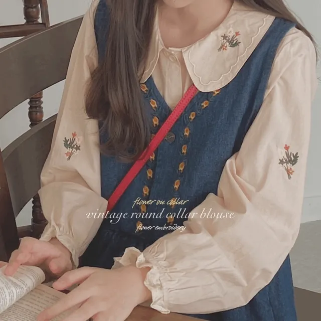 (당일🚀)flower on collar 라운드 카라 꽃 자수 루즈핏 블라우스