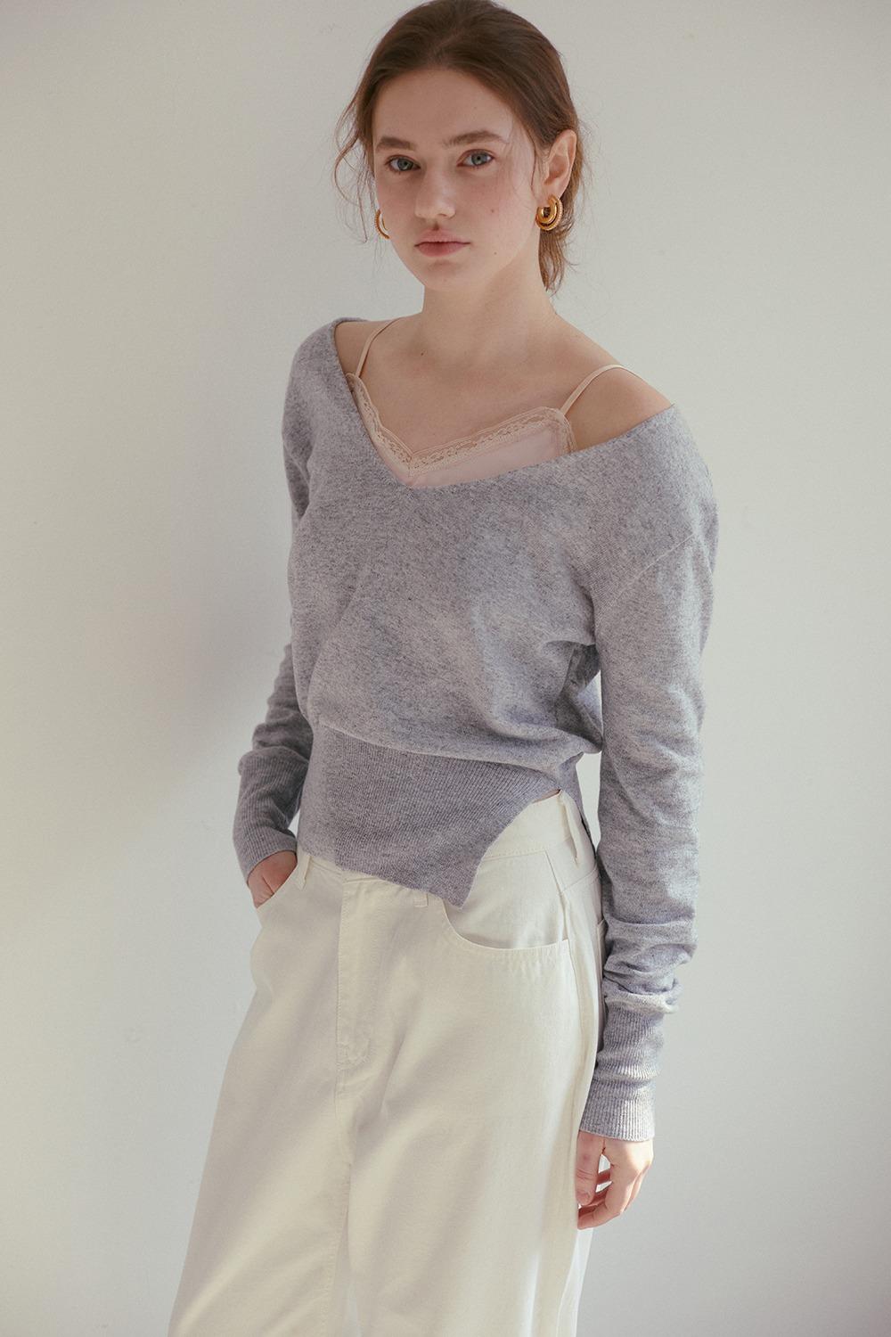 LACE SLIP V NECK KNIT_GREY