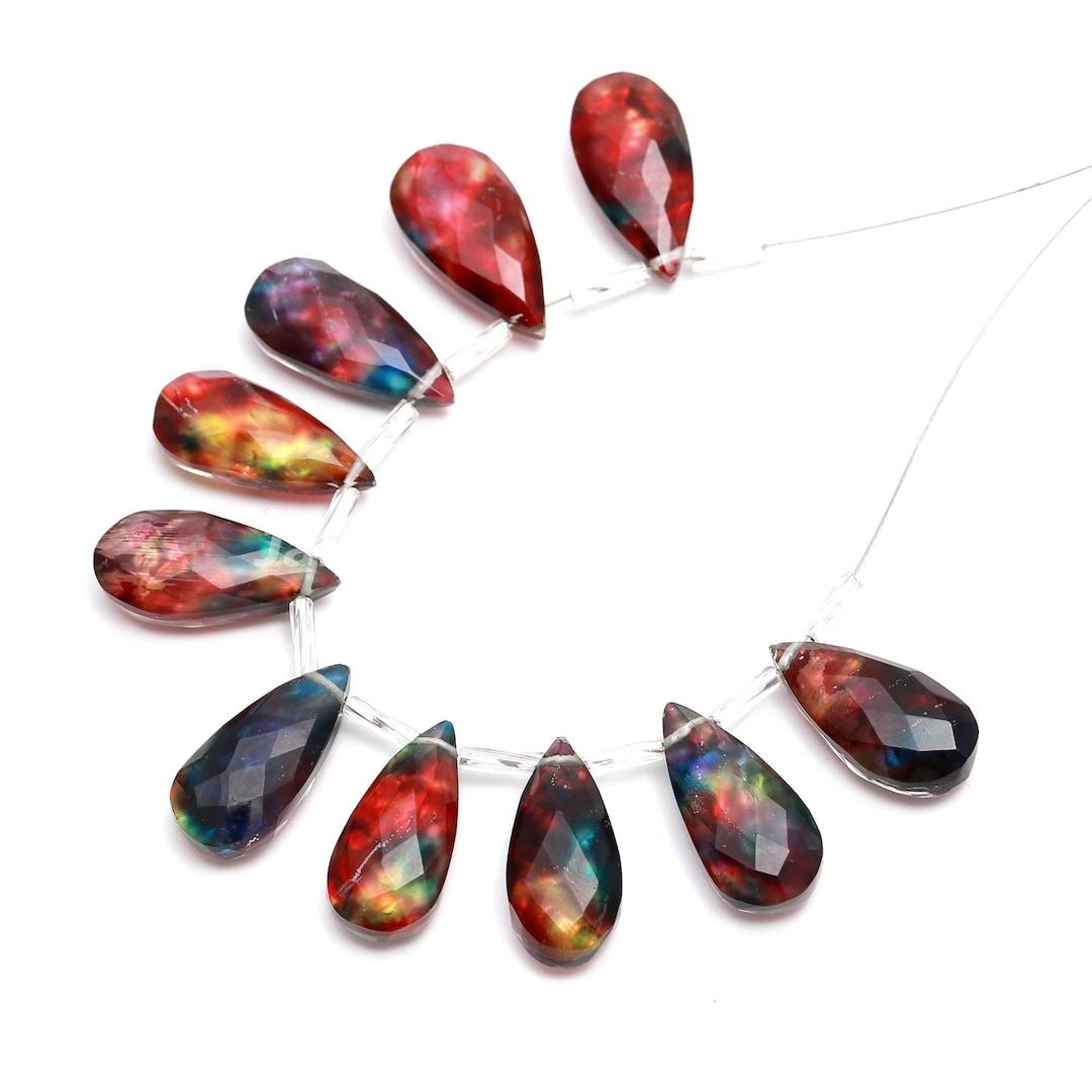 Black Ethiopian Opal Look-a-like Ammolite Triplets Matche Pair Ammolite Faceted Teardrop Beads Ammolite Pear shape Loose Beads for Earrings