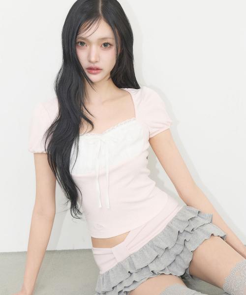 로지 레이스 스퀘어넥 티 핑크