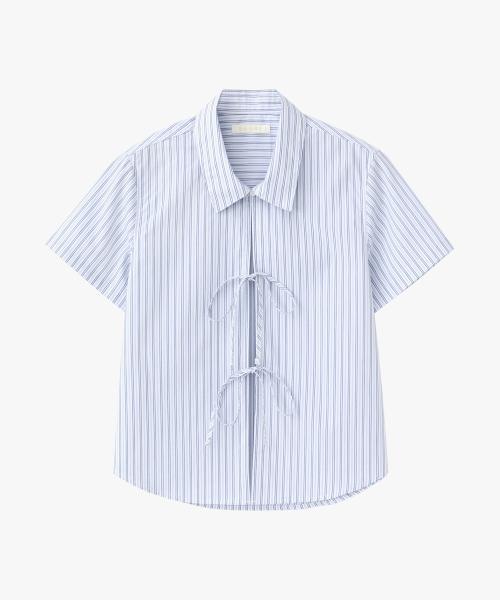 (우먼)프론트 리본 하프 셔츠 스트라이프 블루
