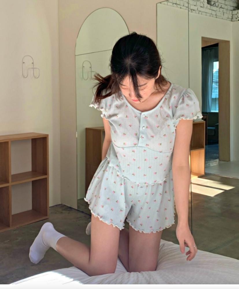 물결 민트 반팔 반바지 잠옷세트 플라워 홈웨어 파자마