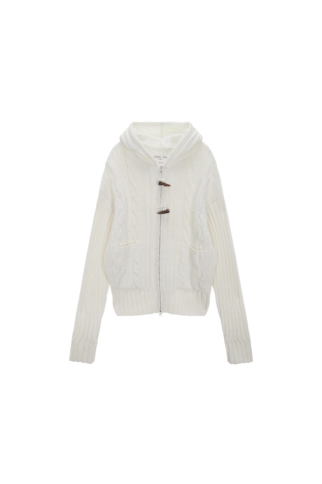 CABLE KNIT HOODY TOGGLE CARDIGAN IN IVORY