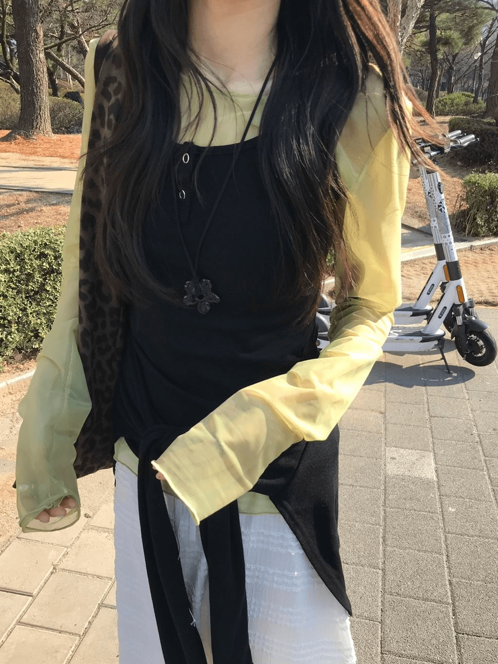 원그린 메쉬 시스루 레이어드 유넥 이너티셔츠