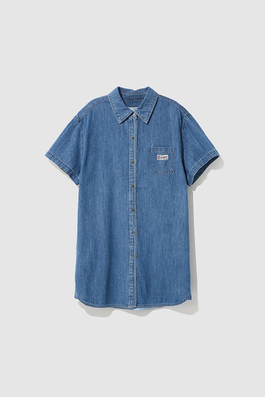 단데농 데님 셔츠 반팔 원피스 (Mid blue)