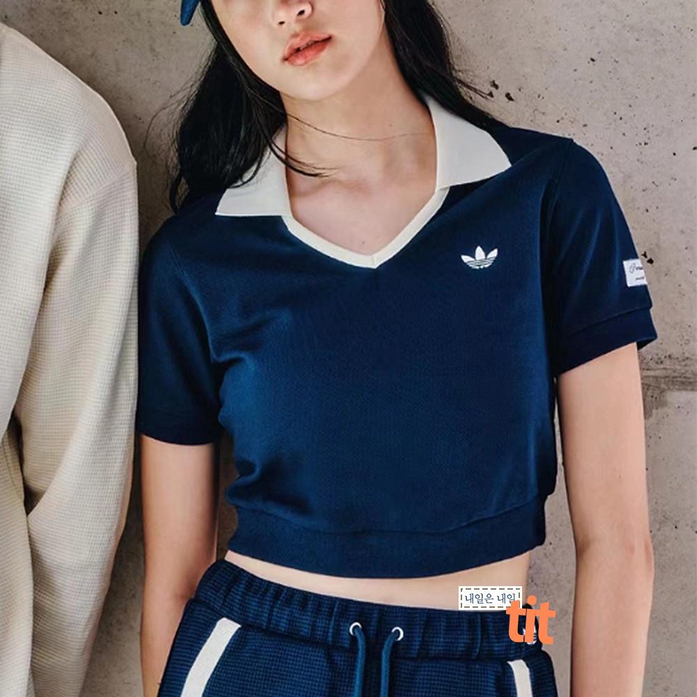 아디다스 노타이틀 테니스 크롭 카라 반팔 네이비 IN1083