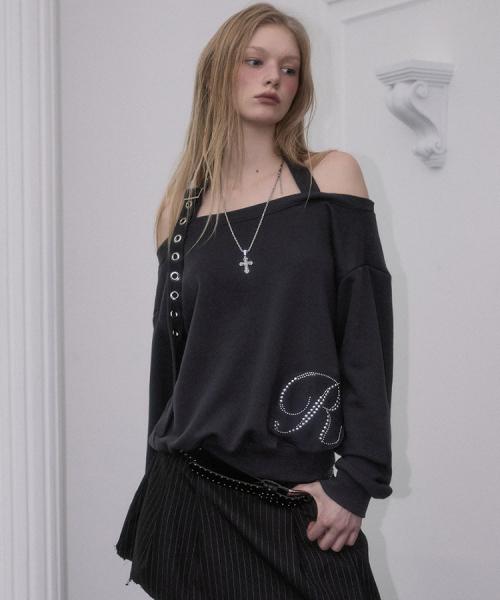 Eyelet Strap Open Sweatshirt [Charcoal]