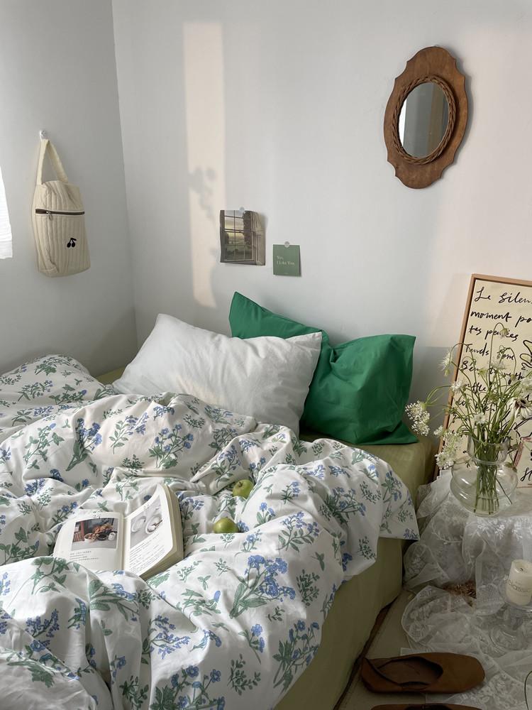 그린 포인트 잔꽃 코튼 침구 커버 세트 4피스