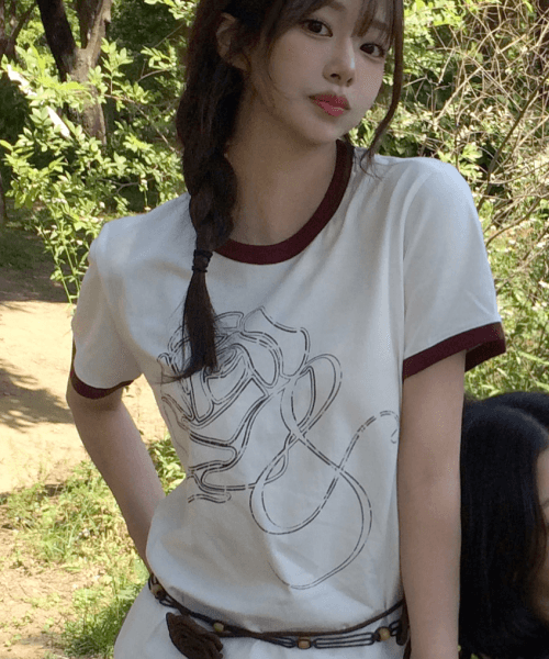 Rose Flower Printed Ringer T-shirt White
