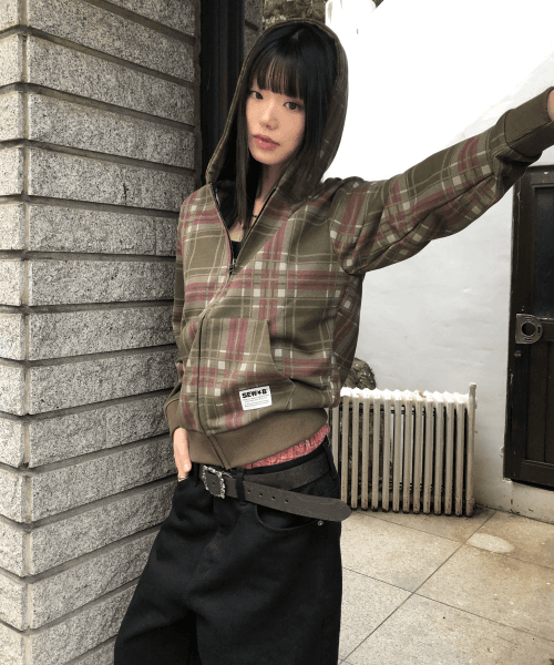 체크 후드집업 (세미크롭) 브라운