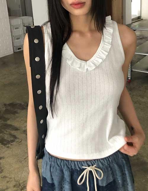 로우키샵 프론트 프릴 슬리브리스(3colors)