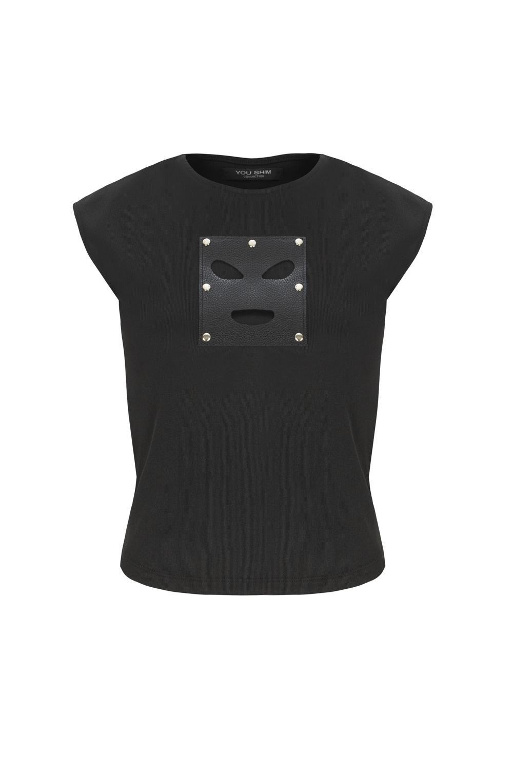 [YOUSHIM] LEATHER PATCH RIBBED TOP