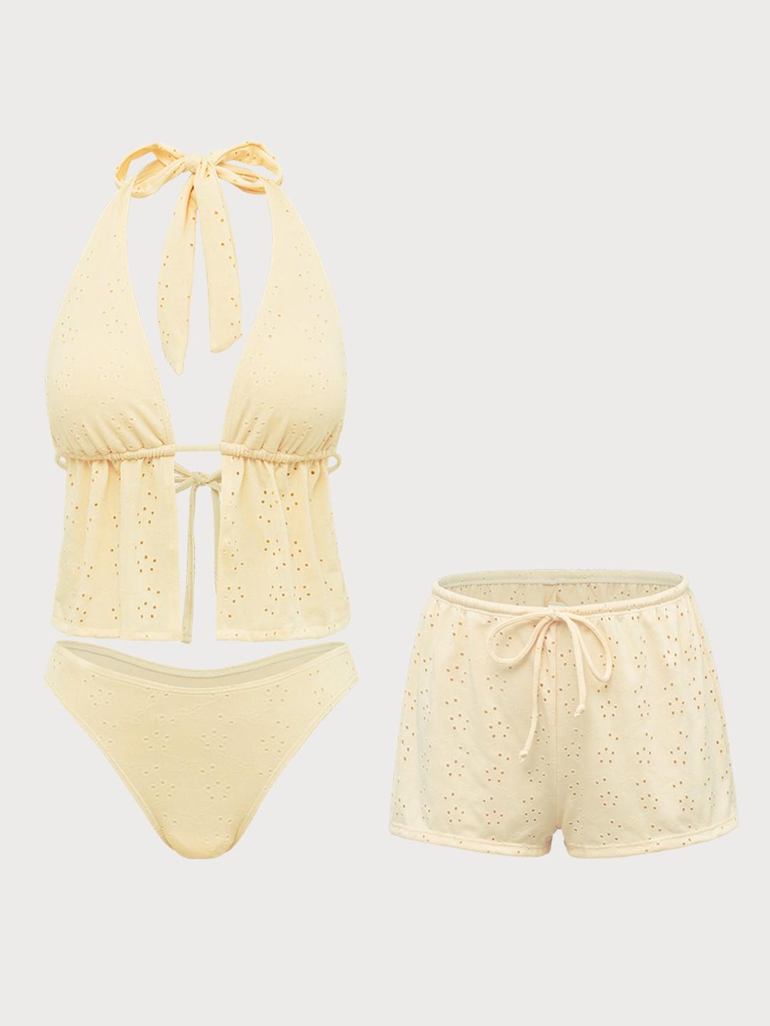 Yellow Hollow Tankini Three-Piece Swimsuit