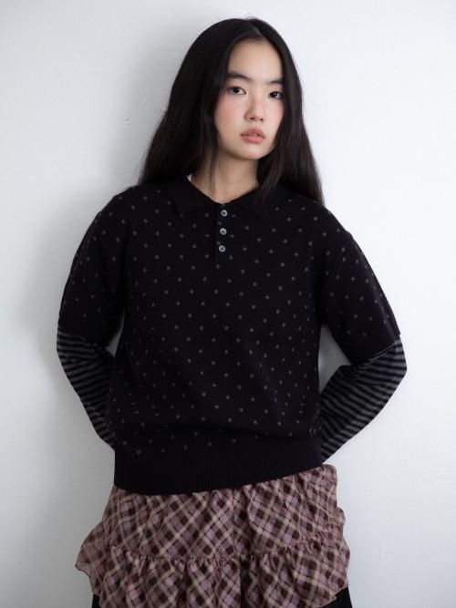 DOT STRIPE LAYERD COLLAR KNIT_BLACK(IK2FFMK641A)