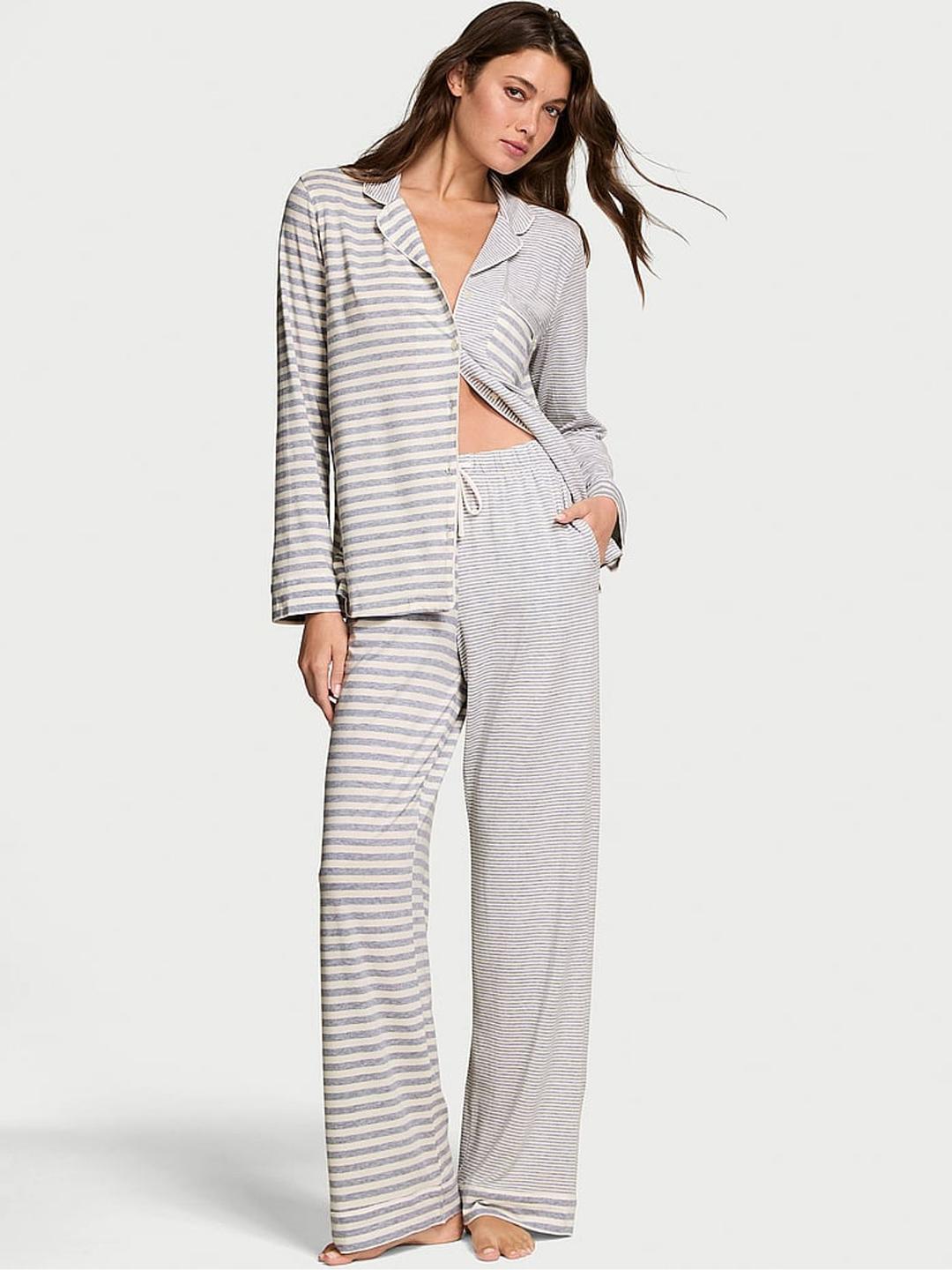Medium Heather Grey & White Stripe Modal Long Pyjamas Set