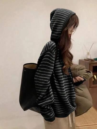 여성 스트라이프 드롭 숄더 긴소매 드로스트링 후드 스웨터, 가을/겨울 니트 풀오버 가을