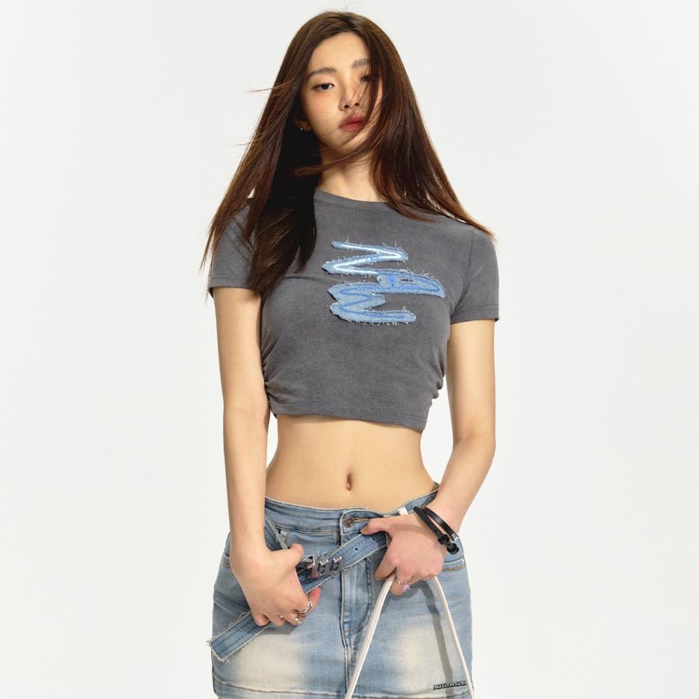 NOTAWEAR 페인팅 패치 반팔 크롭티 셔링 유니크 티셔츠