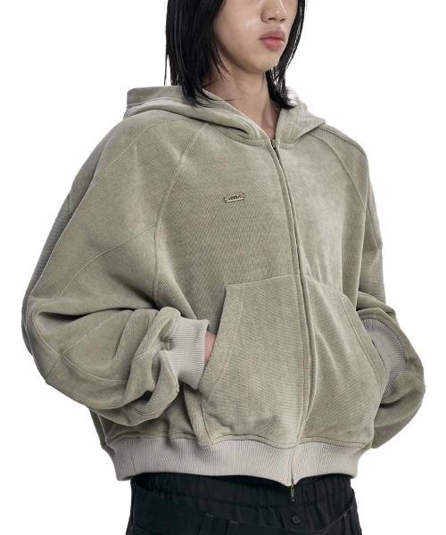 Corduroy Short Zip-Up Hoodie [ASH KHAKI]