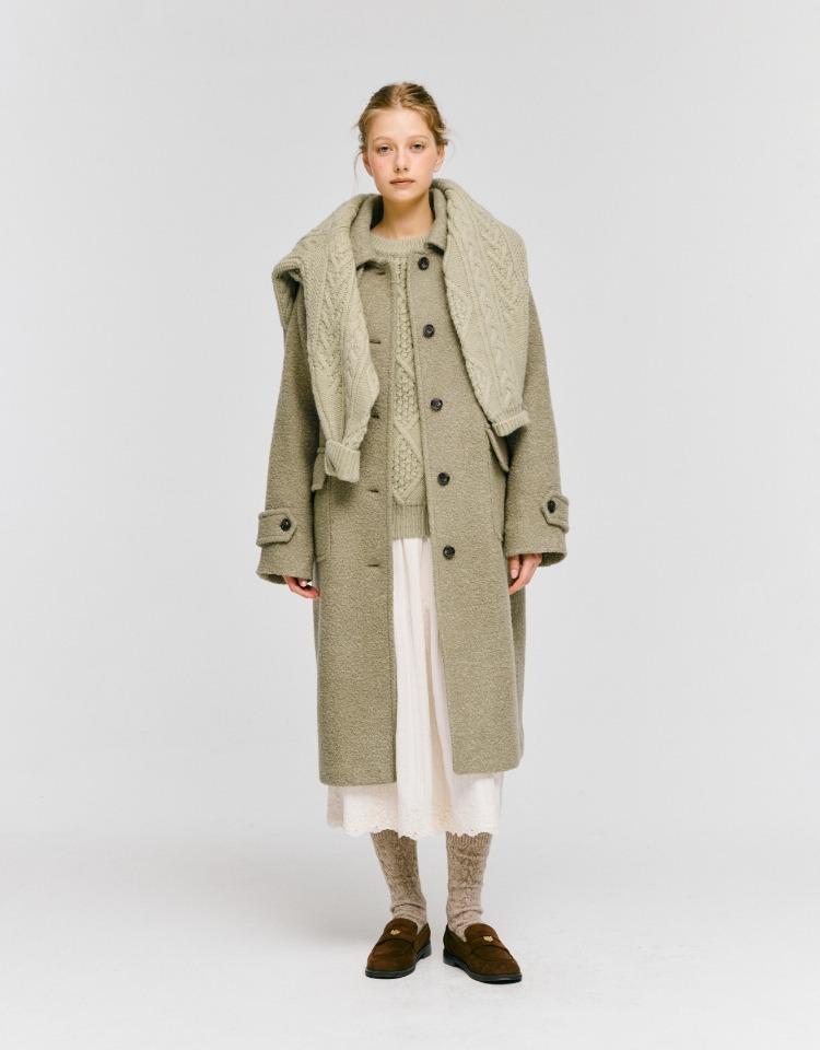 boucle balmacaan long coat - khaki beige