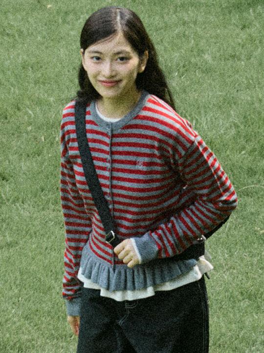 W STRIPE FRILL CARDIGAN [RED]