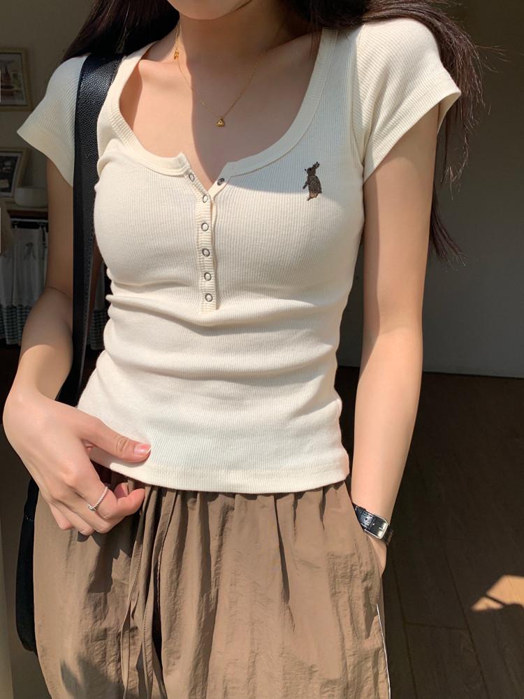 [독집사] 여자 라운드넥 래빗 토끼 크롭 똑딱이 반팔 티셔츠