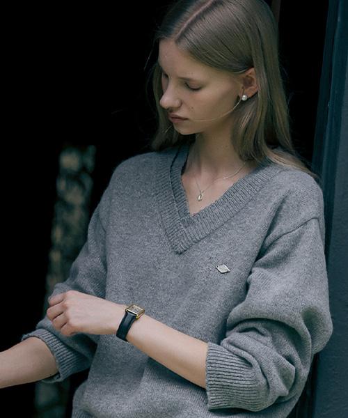 Double rib v-neck wool blended knit_Gray