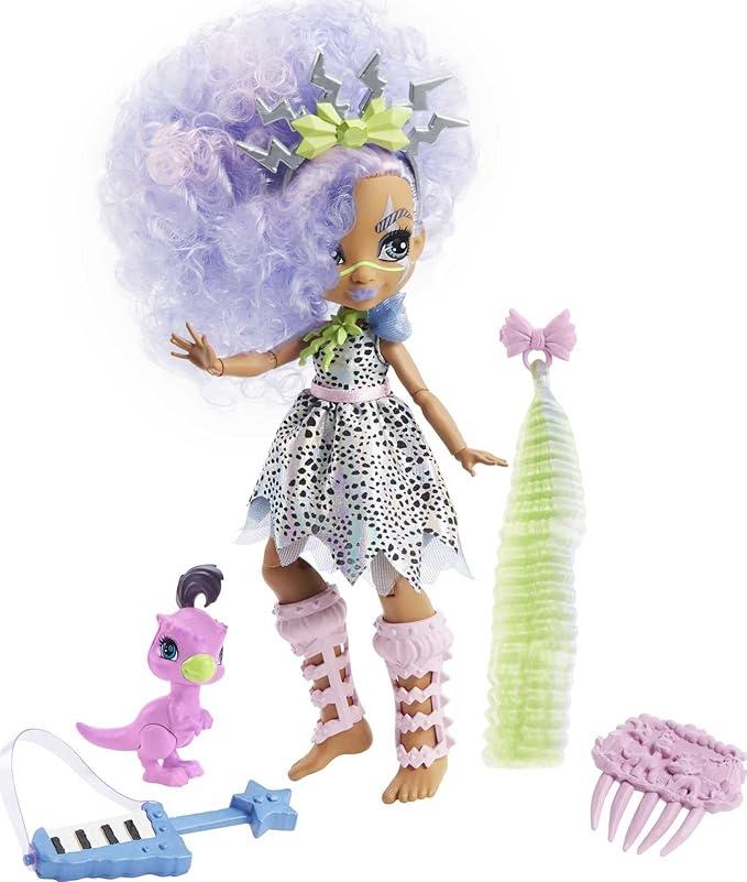 Mattel Cave Club Bashley Doll (8-10-inch, Lavender Hair) Poseable Prehistoric Fashion Doll with Dinosaur Pet and Accessories, Gift for 4 Year Olds and Up