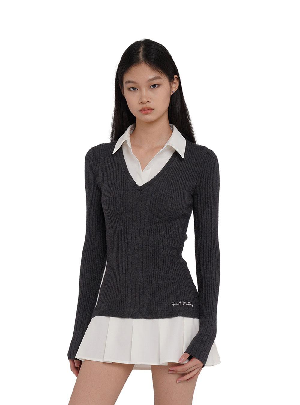 Woolen shirt patchwork pleats fake two-piece dress