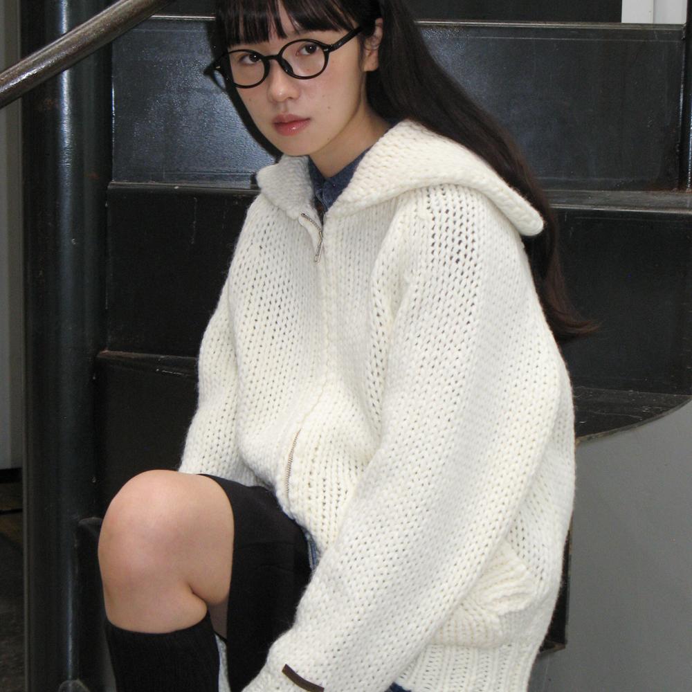 SHAWL COLLAR HANDMADE HEAVY KNIT ZIP UP IVORY