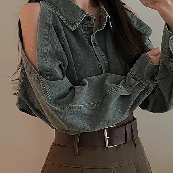 라엘 데님 오프숄더 셔츠 블라우스